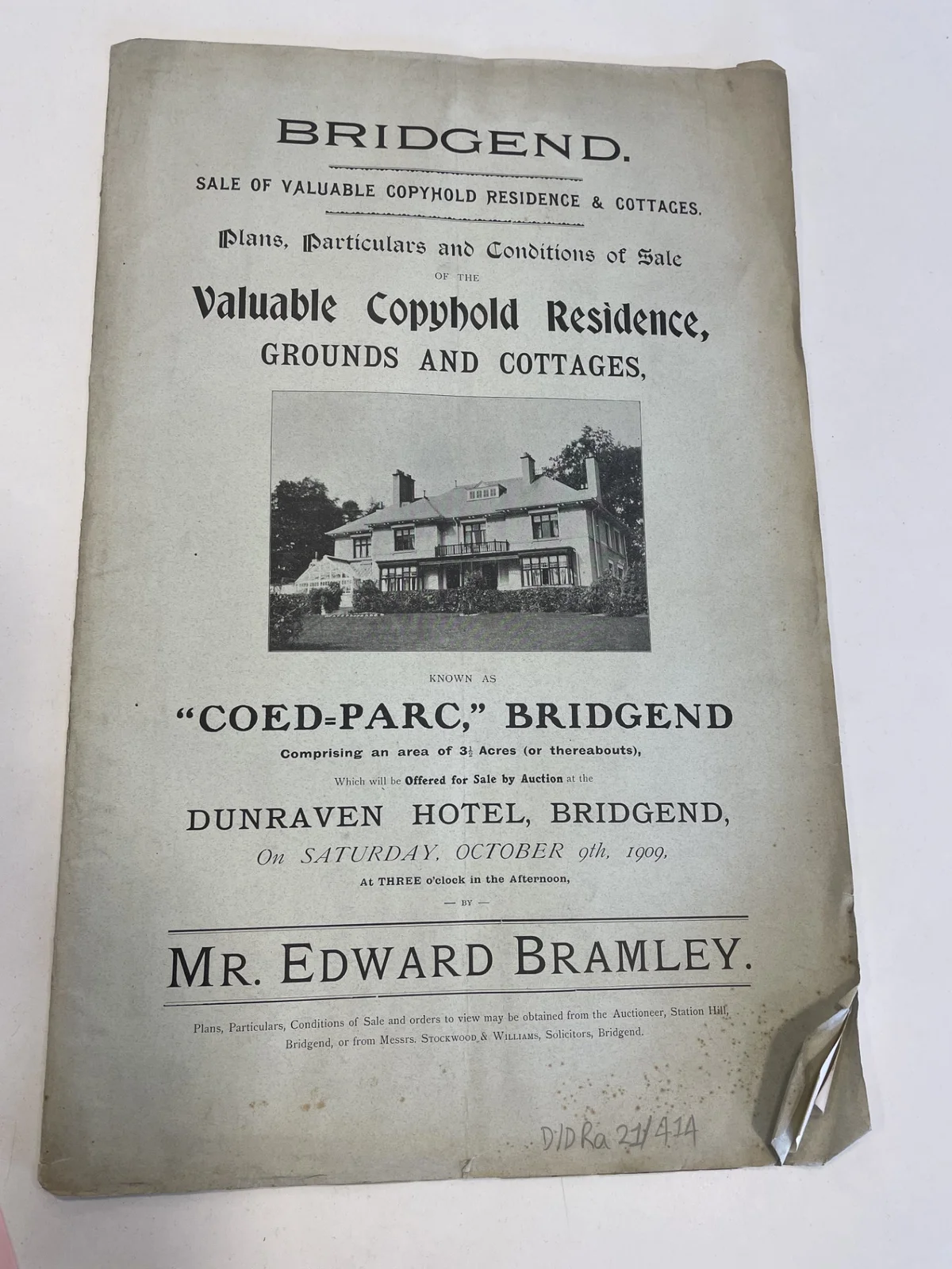 Original 1909 sale particulars document for Coed Parc showing auction details and early photograph of the house
